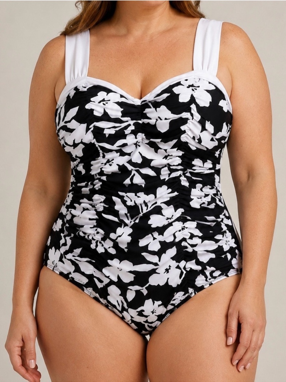 Miraclesuit Black White Ruched Floral Sweetheart Saxon One-Piece Swimsuit 16